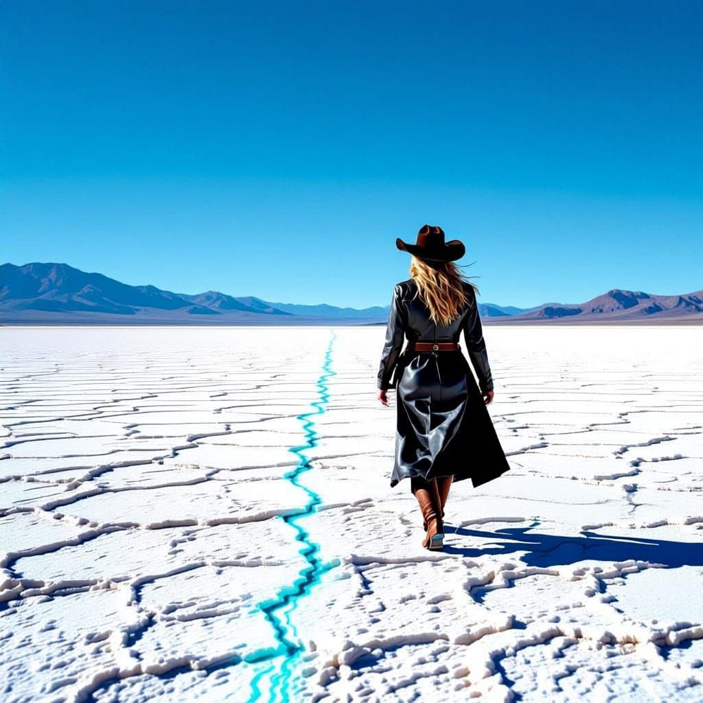 Cowgirl Walks Dry Lake Bed Etching Cyan Trails