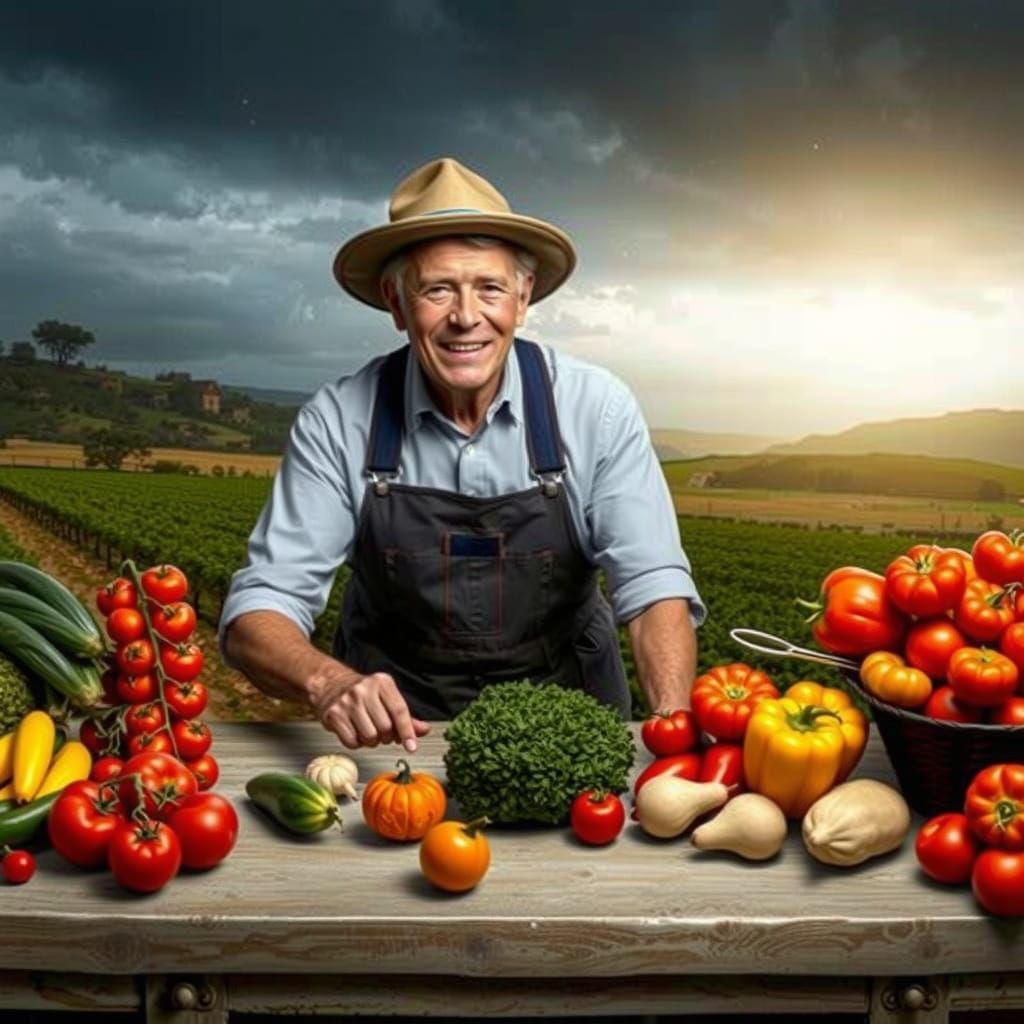 Laughing Farmer with Colorful Harvest Display