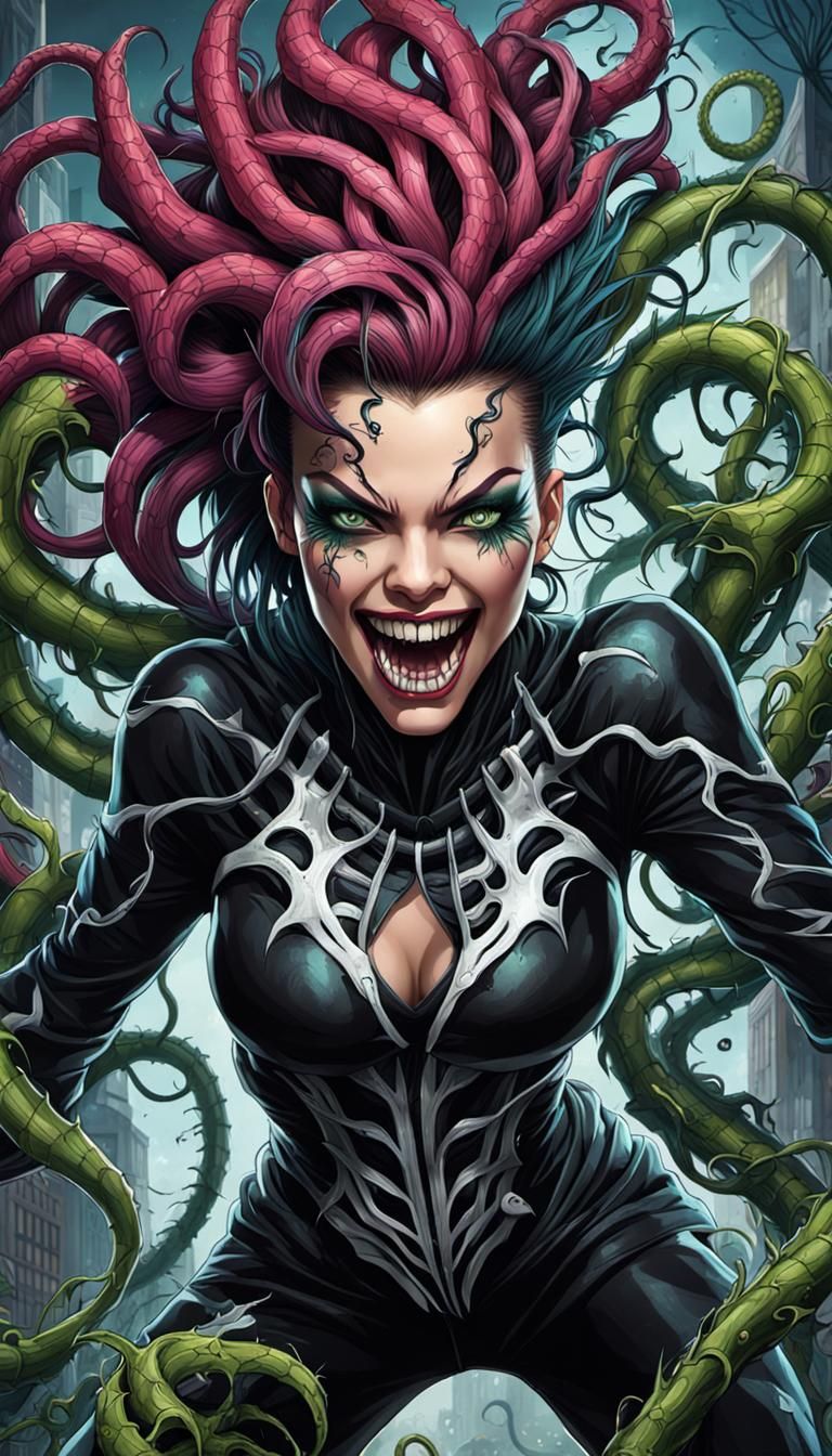 Intricate Street Art Woman with Venom Tentacles