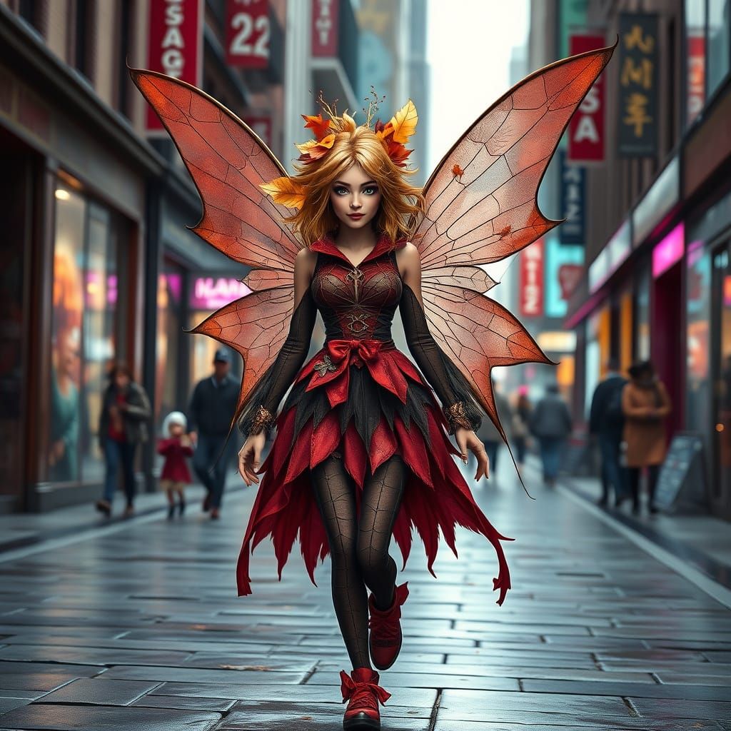 Autumn Fairy Strides Through City Street in Hyperrealistic S...