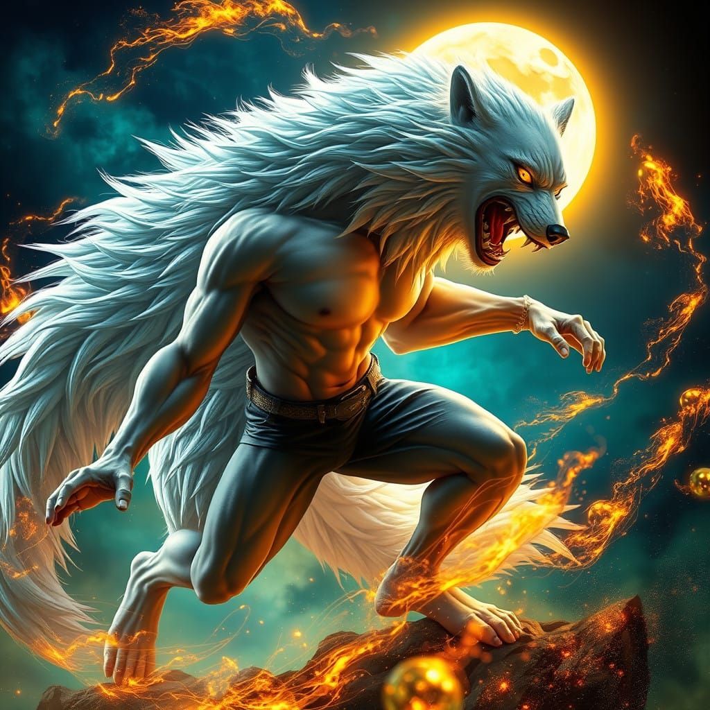 Majestic White Werewolf Emerges Under Midnight Skies