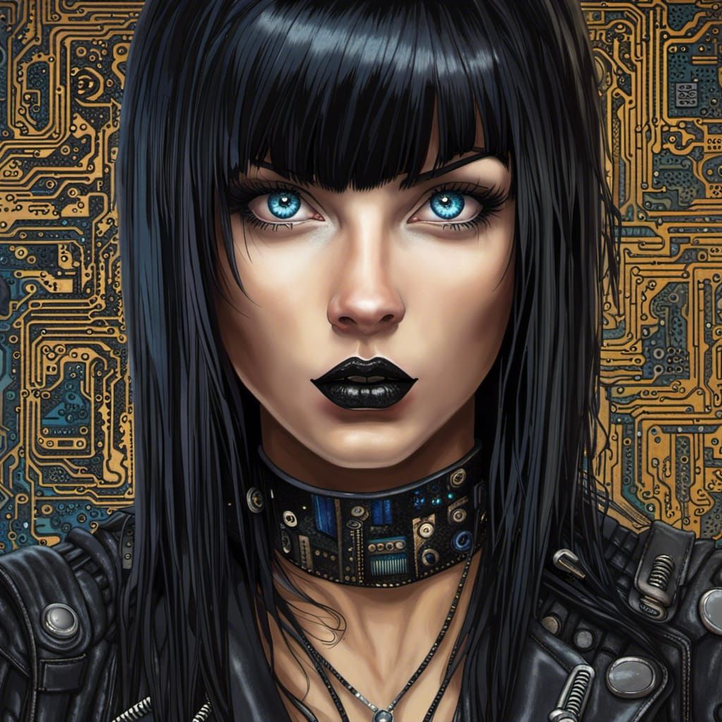 Beautiful Goth Woman with Circuitry Background