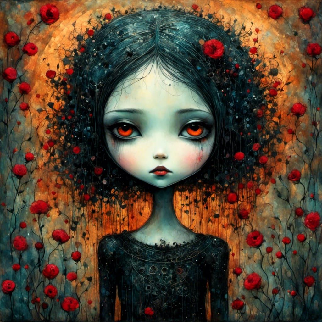 Goth Punk Girl in Gothic Garden, Art Brut Style