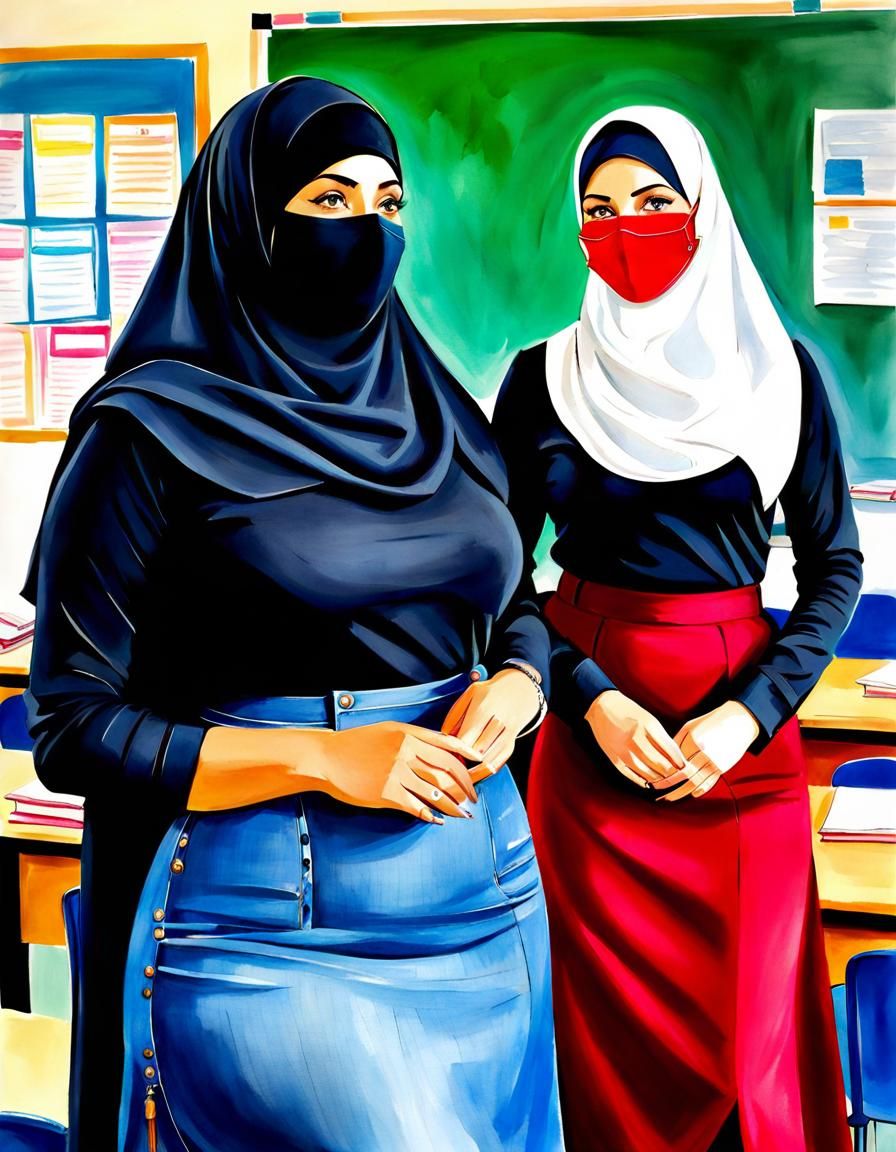 Niqabi Teachers in Watercolor Style Classroom