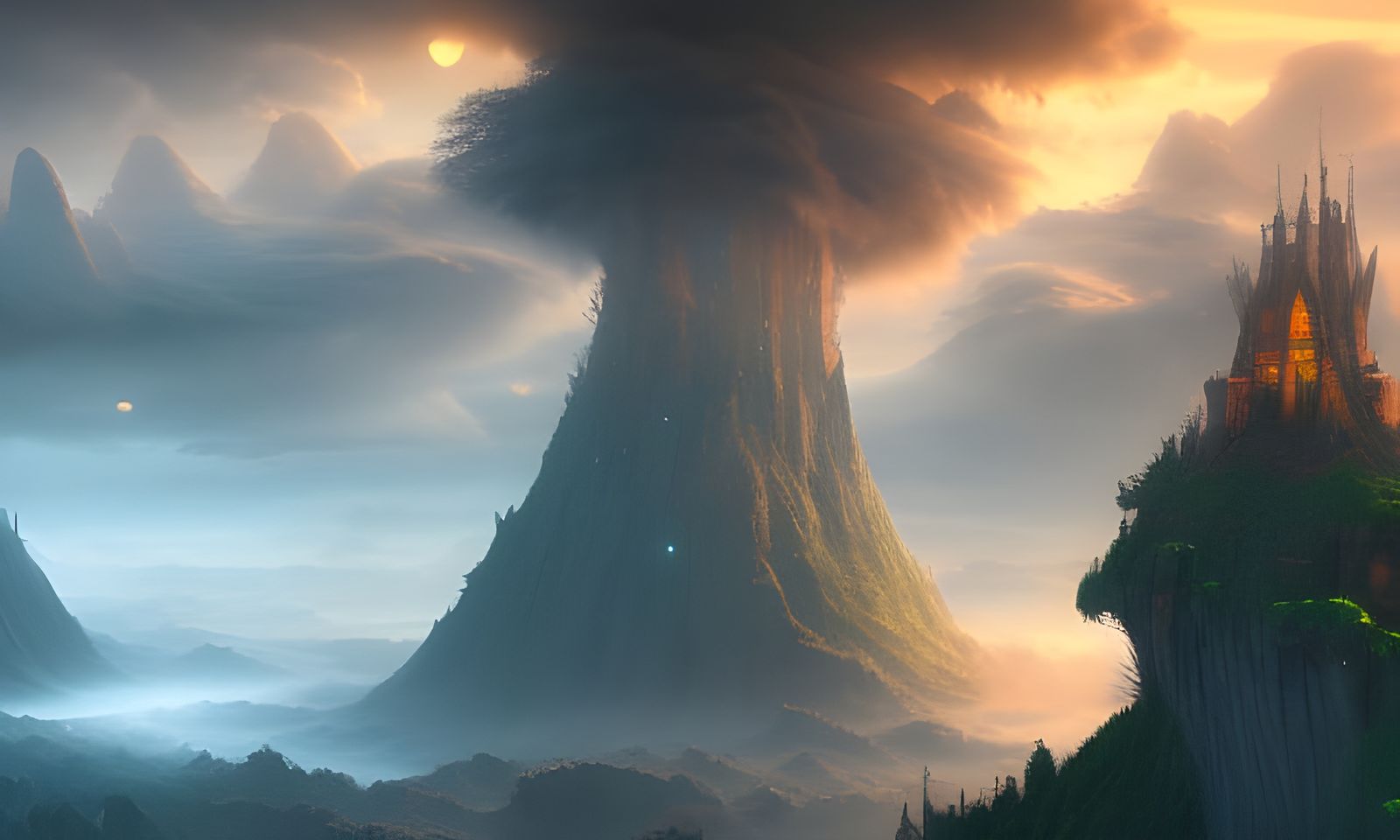 Fantasy Landscape with Flying Islands in Watercolor Style