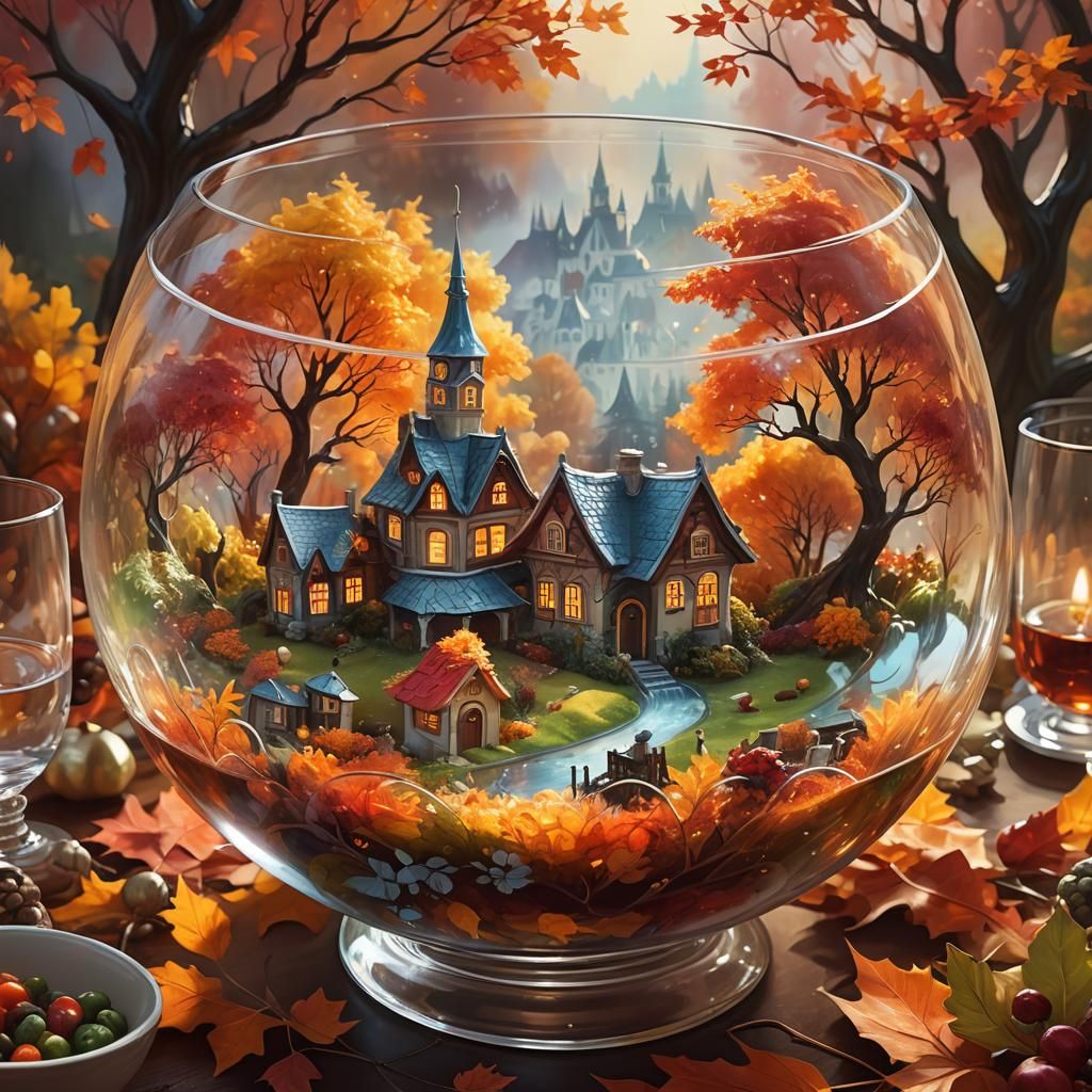 Autumn Fairytale Landscape in Glass Bowl