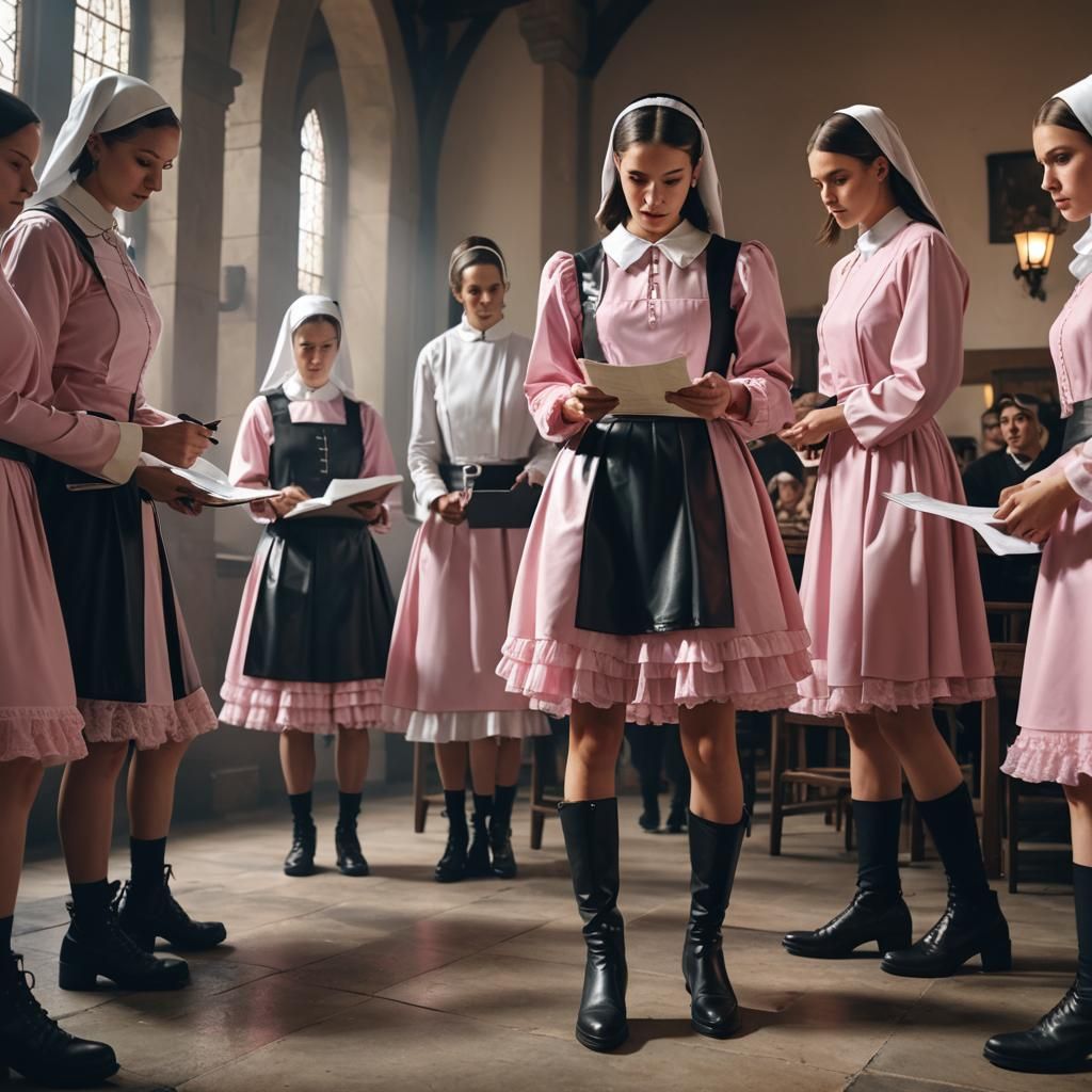 Maid Signing Document with Nuns in Dark Academia Style