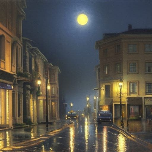 Moonlit Street After Rain in Oil Painting Style