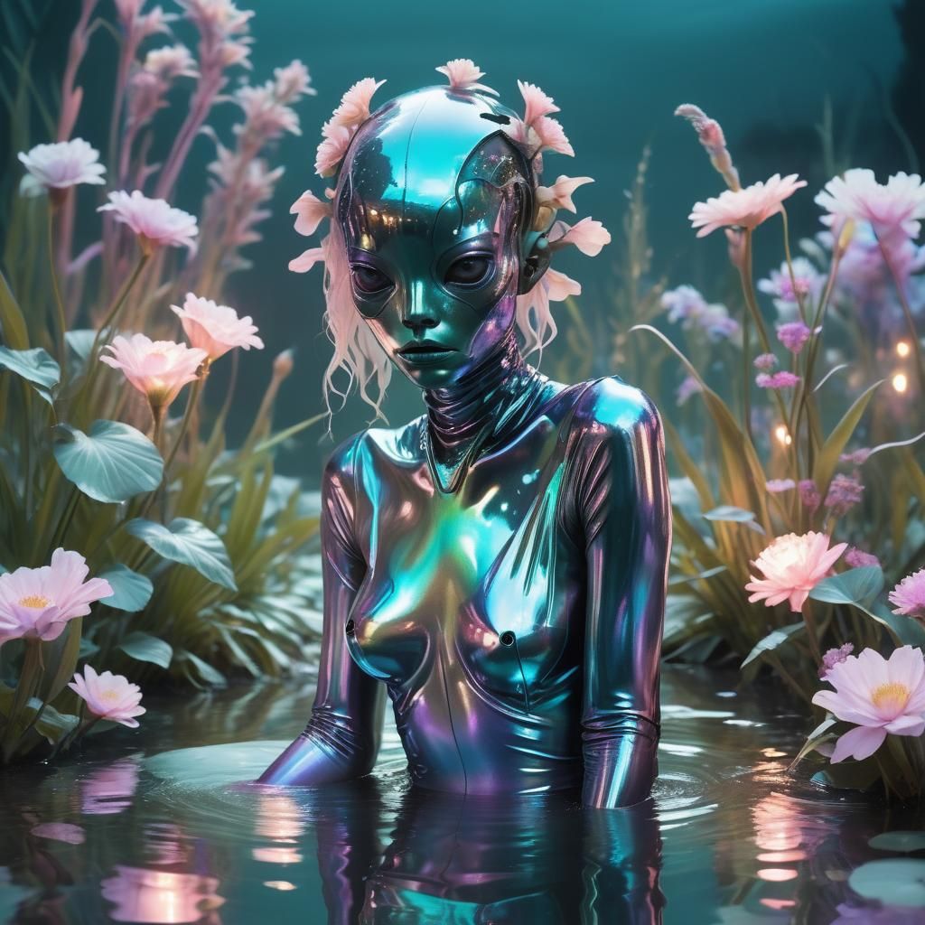 Ethereal Dystopian Creature in Iridescent Garden