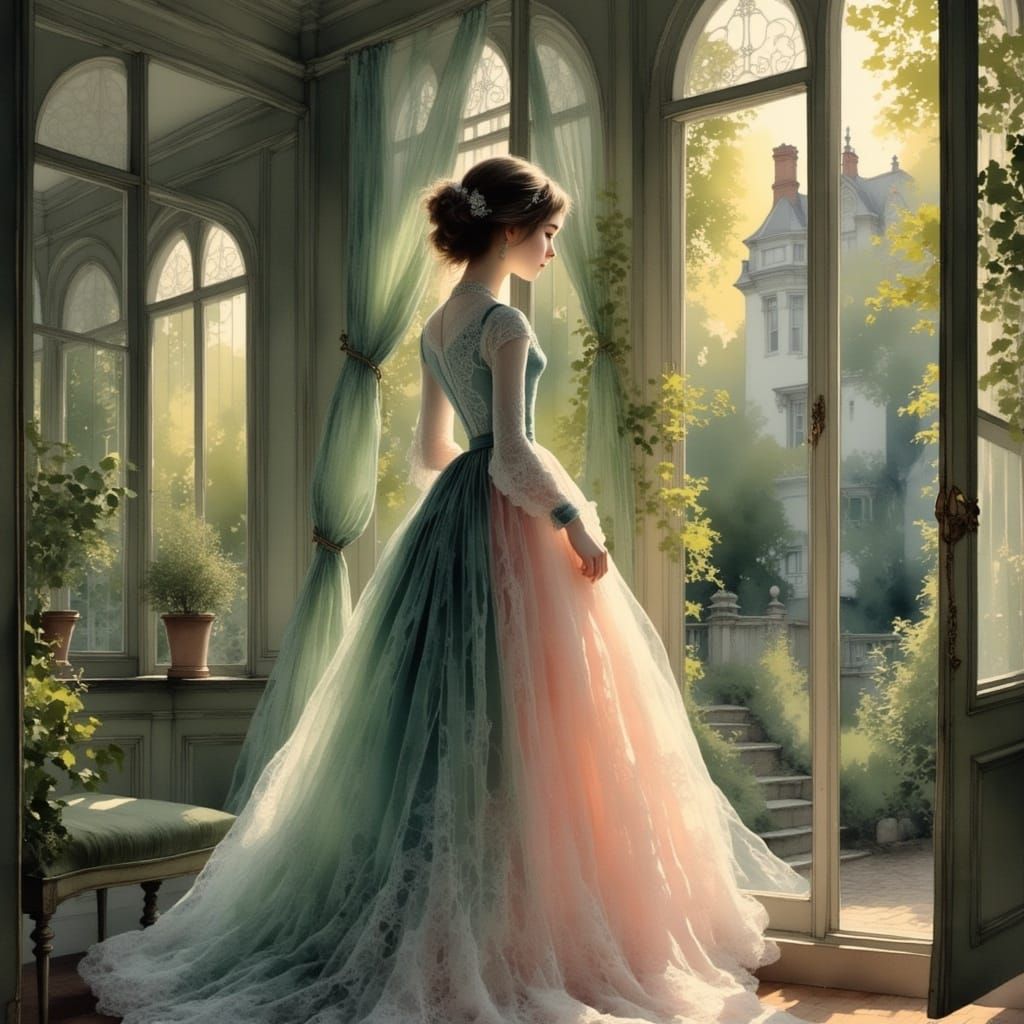 Elegant Victorian Lady in Lace Dress and Ornate Updo