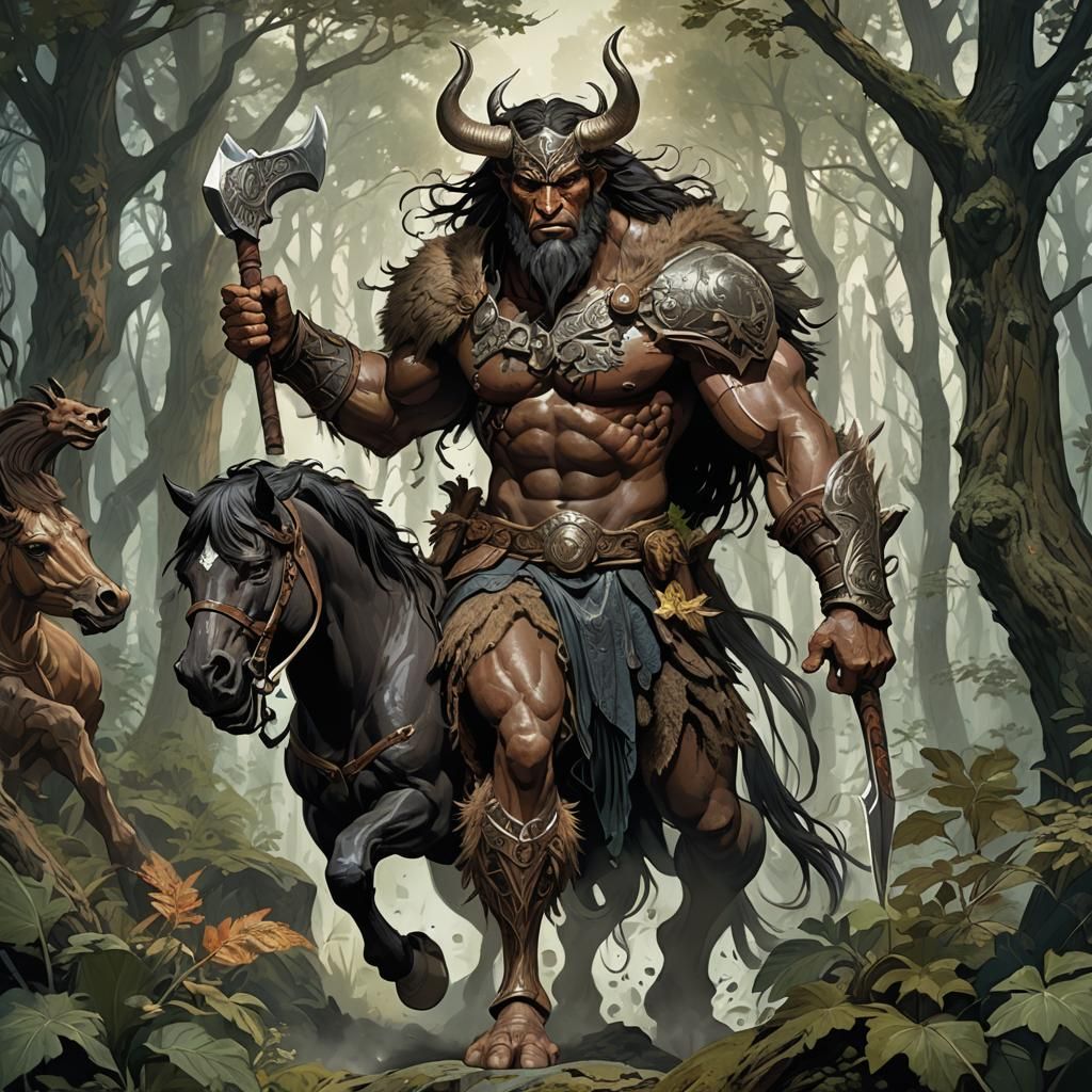 Centaur Barbarian in Mystical Forest, Dark Fantasy Art