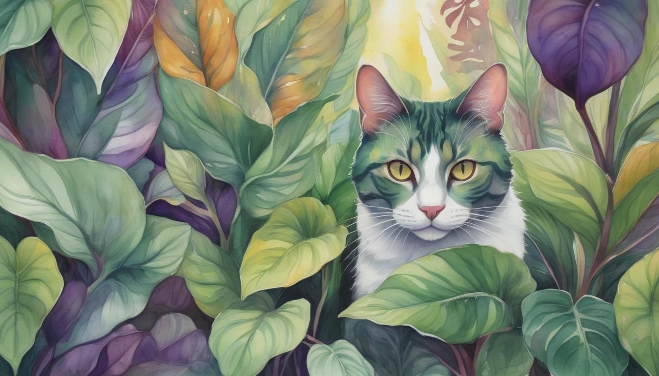 Calathea Foliage with Cat, Watercolor and Ink