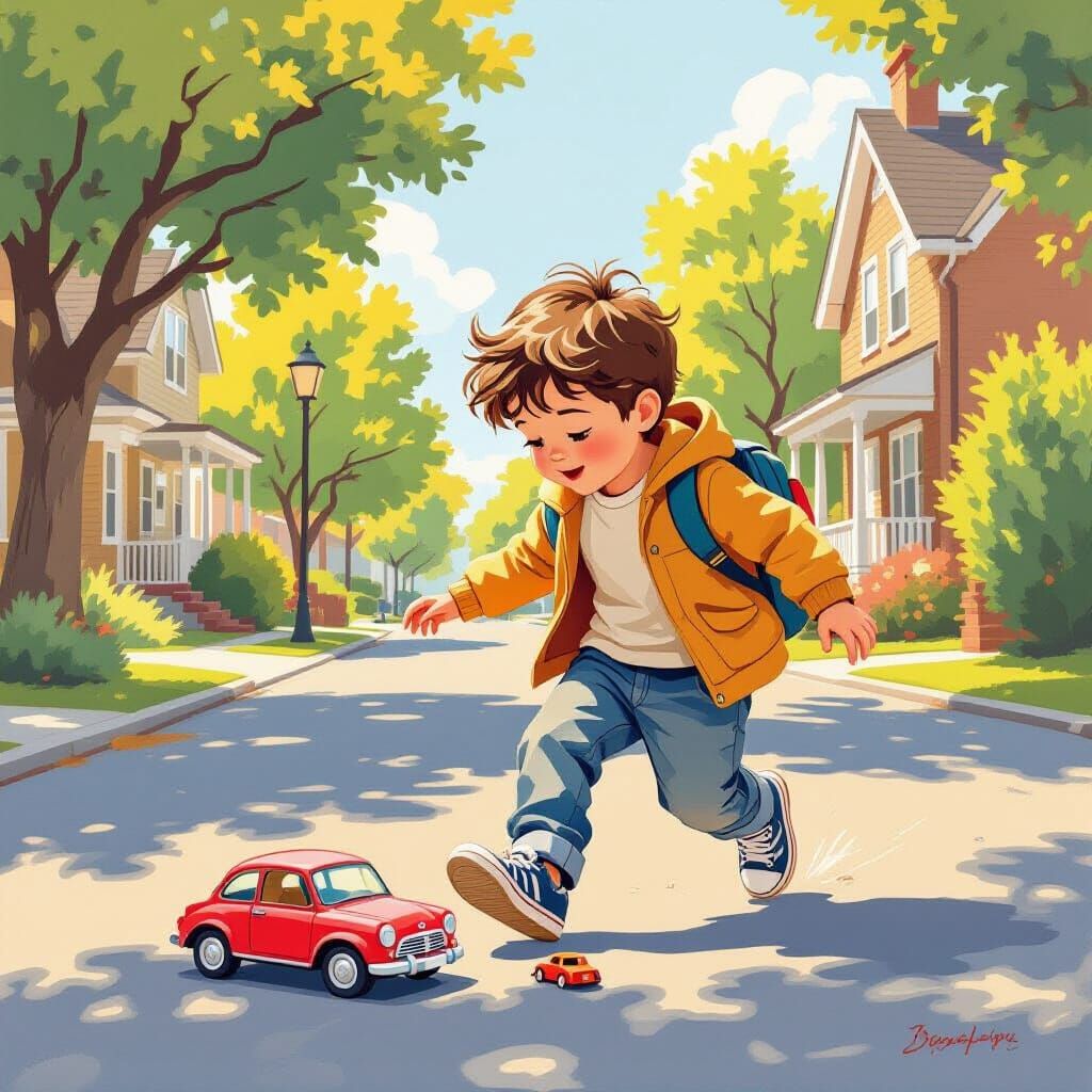 Boy Discovers Toy Car on Sunny Street