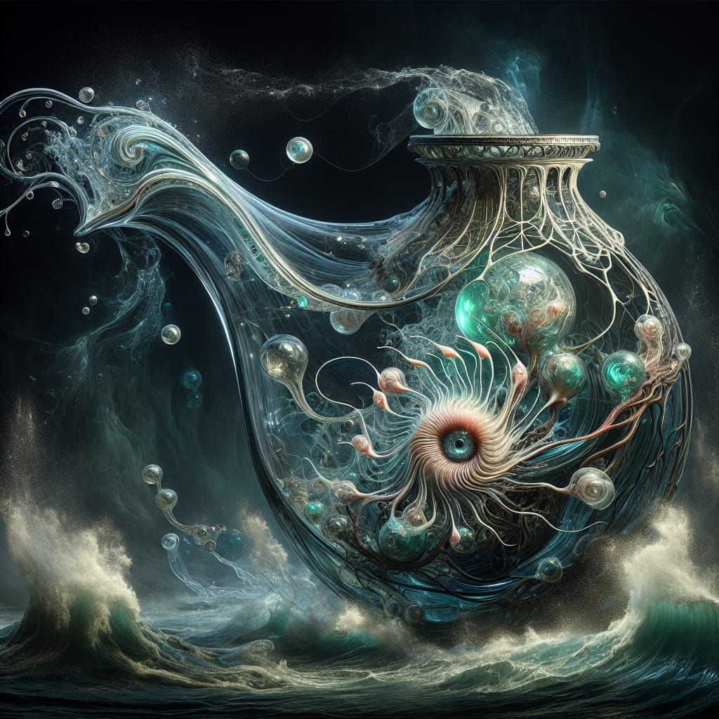 Glass Ampulla Rises from Turbulent Fantasy Realm in Art Nouv...