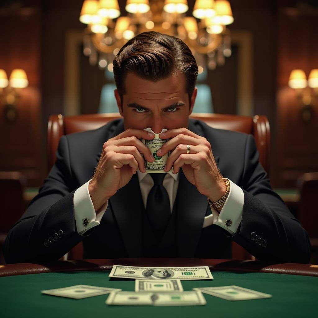 Wealthy Man Wipes Nose With Dollar Bill in Dramatic Light