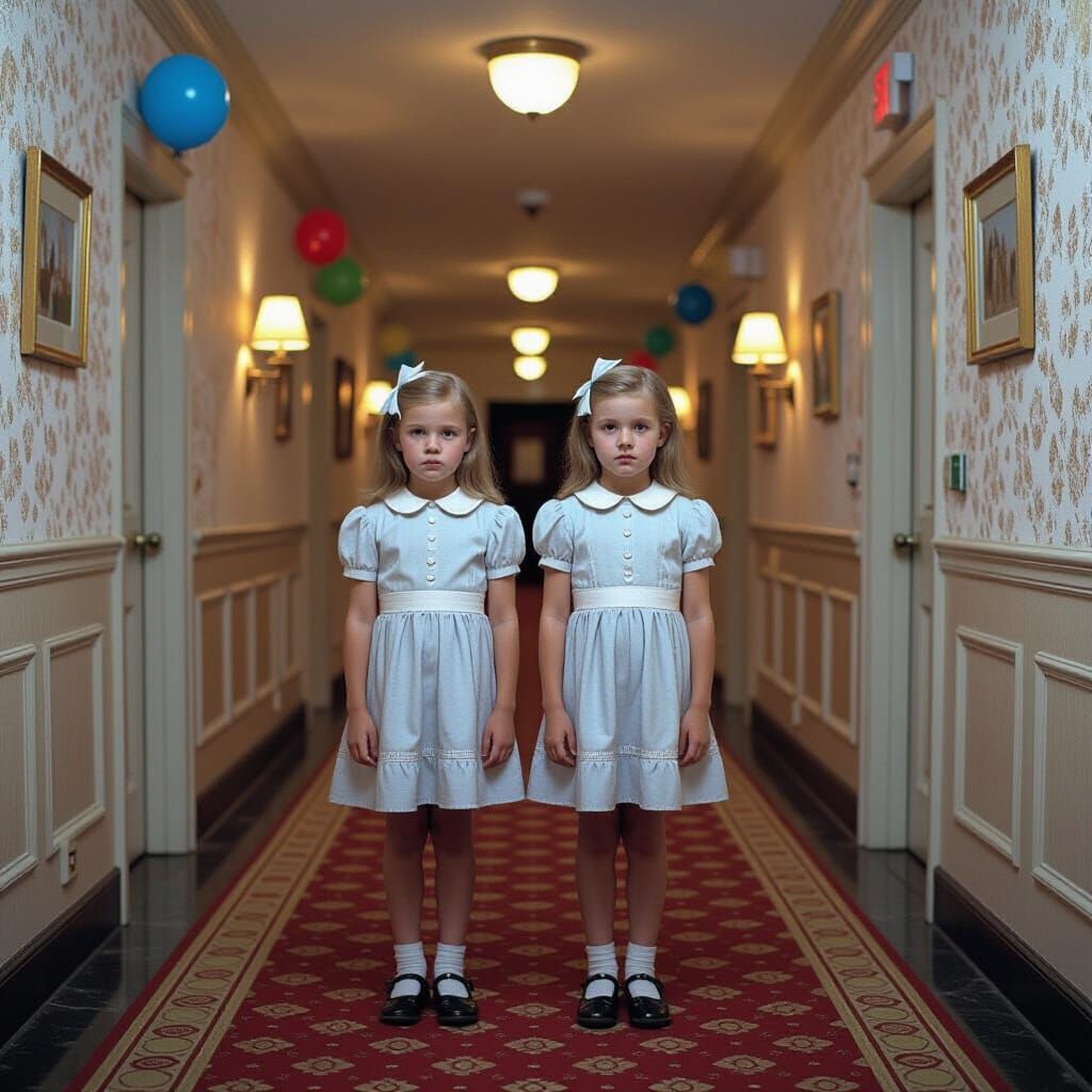 The Shining Twins in Decorated Hotel Hallway