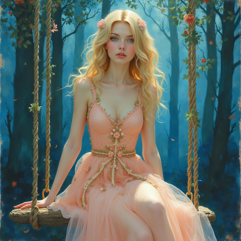 Woman on Swing in Blue Forest, Fantasy Art