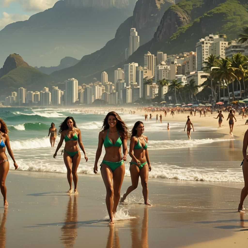 Brazilian Beach Scene: Women in Bikinis on Ipanema