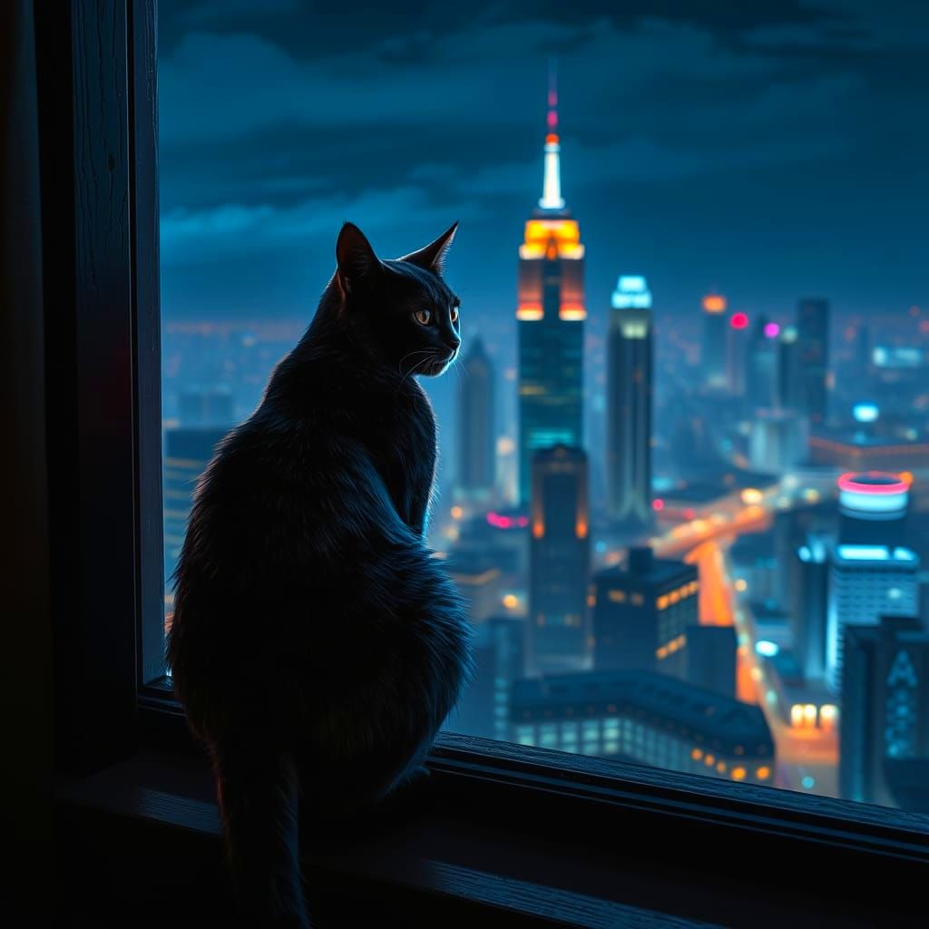 Glowing Cat Contemplates City Lights at Night