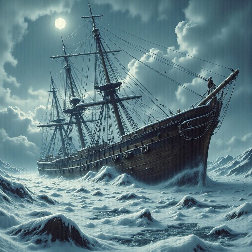 Turpitude of Dr. Victor Frankenstein that strands a sailing ship on the ice in Antarctica. <lora:DarkVibe:1.0>