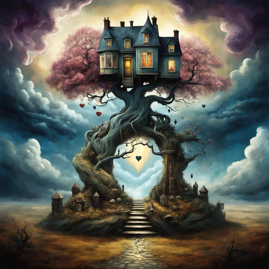 Ethereal Surreal Landscape with Heart-Shaped Doorway