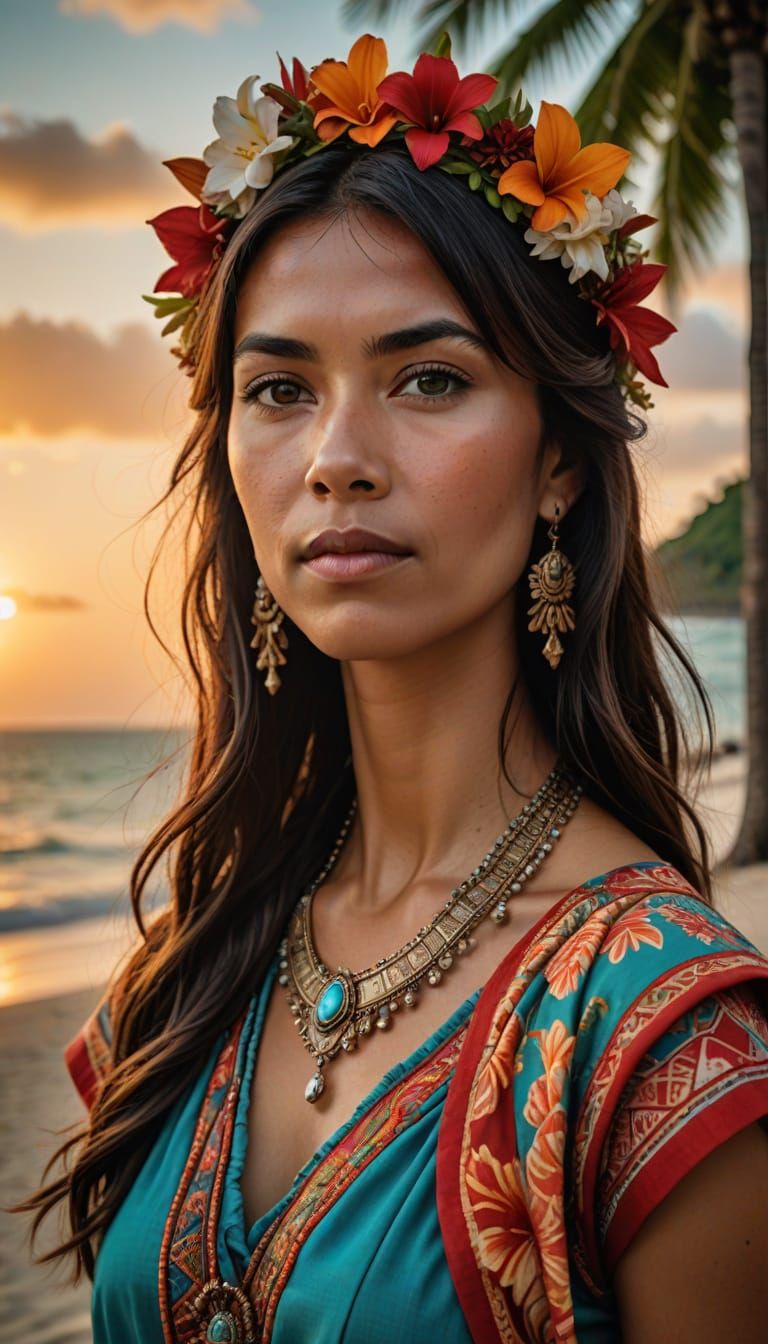 Confident Polynesian Woman on Tropical Beach at Sunset