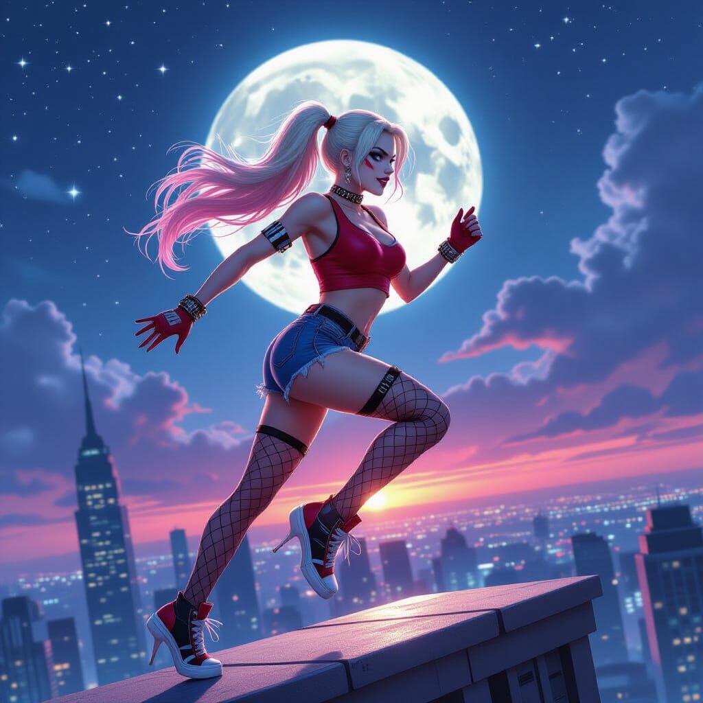 Harley Quinn on Rooftop Under Full Moon
