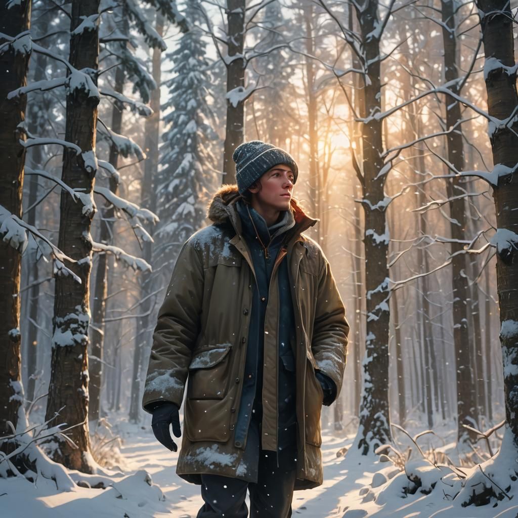 Person in Snowy Forest: Realistic Digital Art