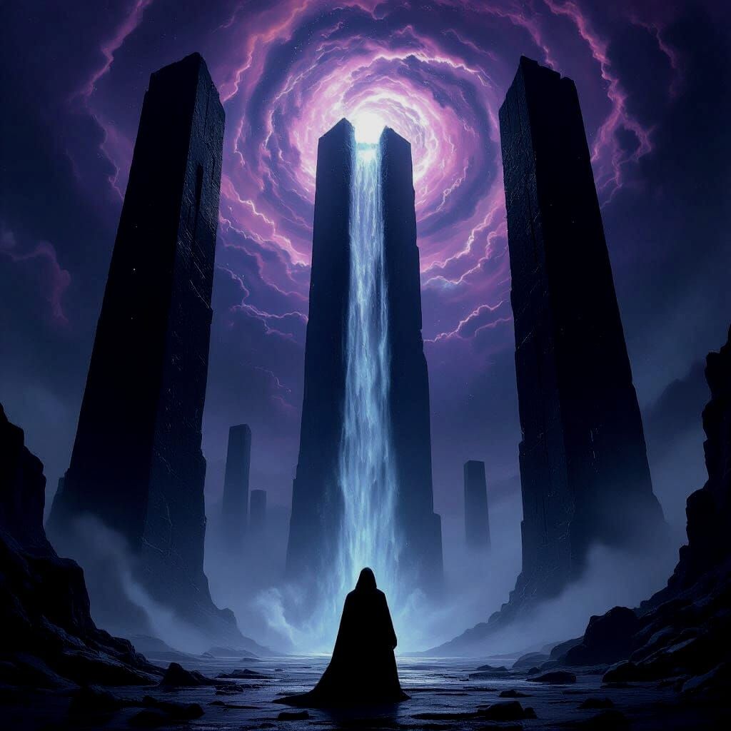 Figure Before Obsidian Pillars Under Nebulae Sky