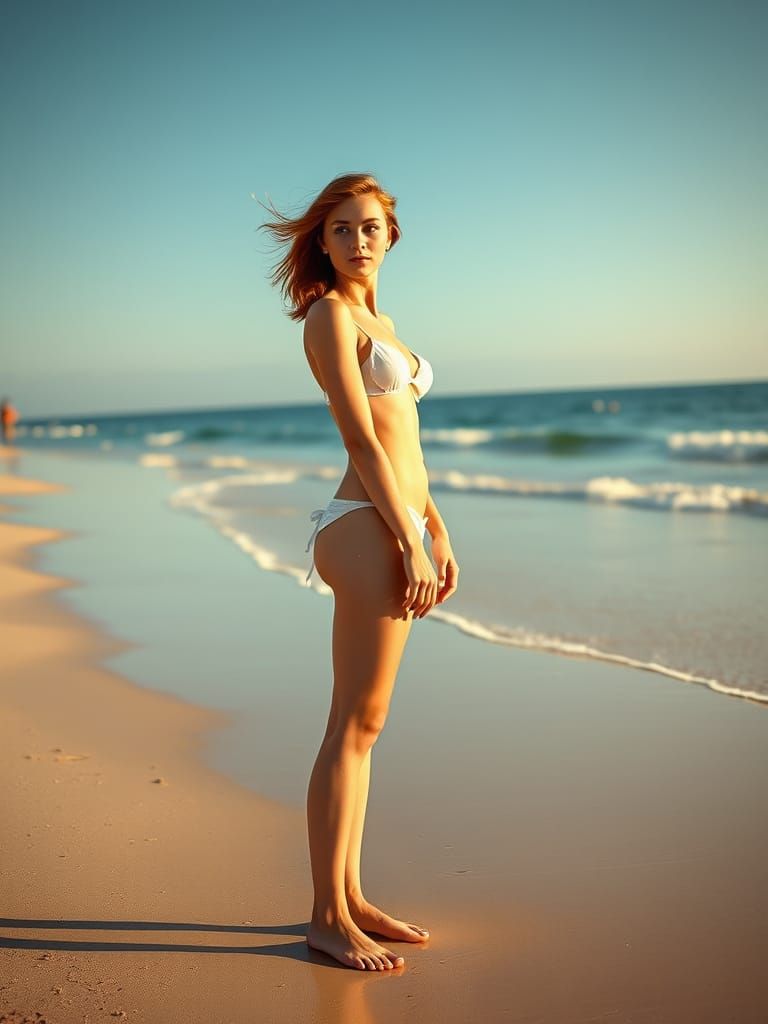 Redhead on Sun-Kissed Beach in Photorealistic Style