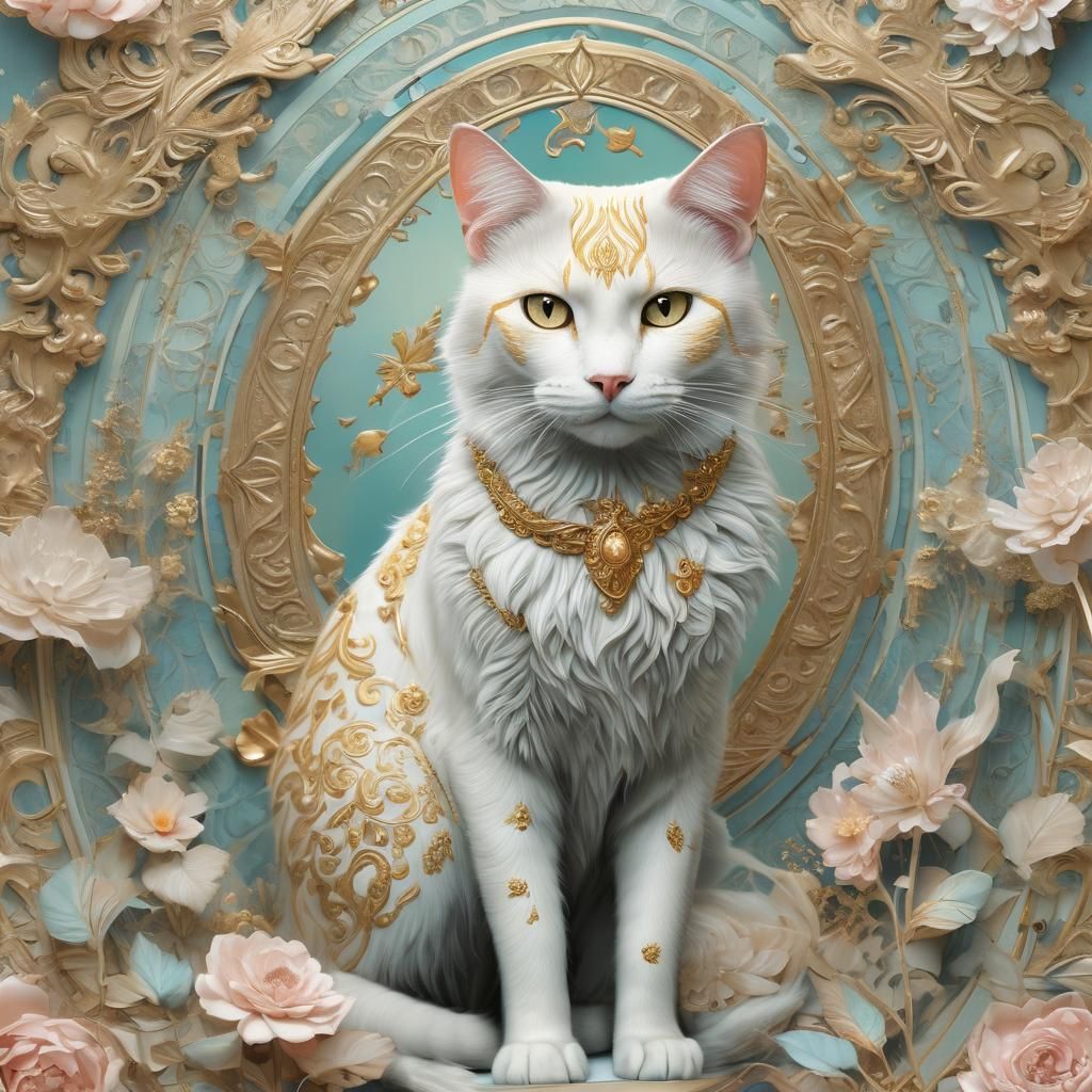 Ethereal Gold Cat in a Magical Fantasy Landscape