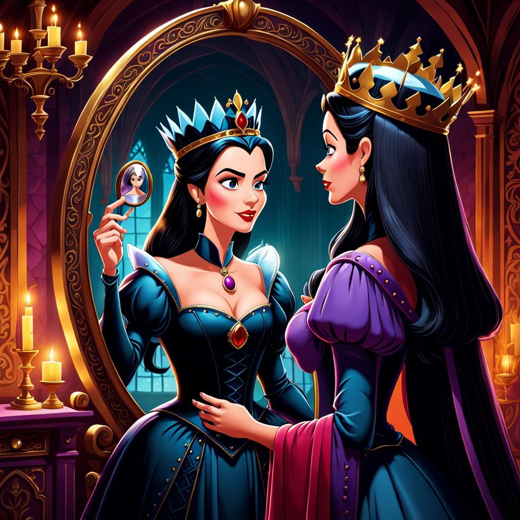 Wicked Queen and Magic Mirror in Cartoon Style