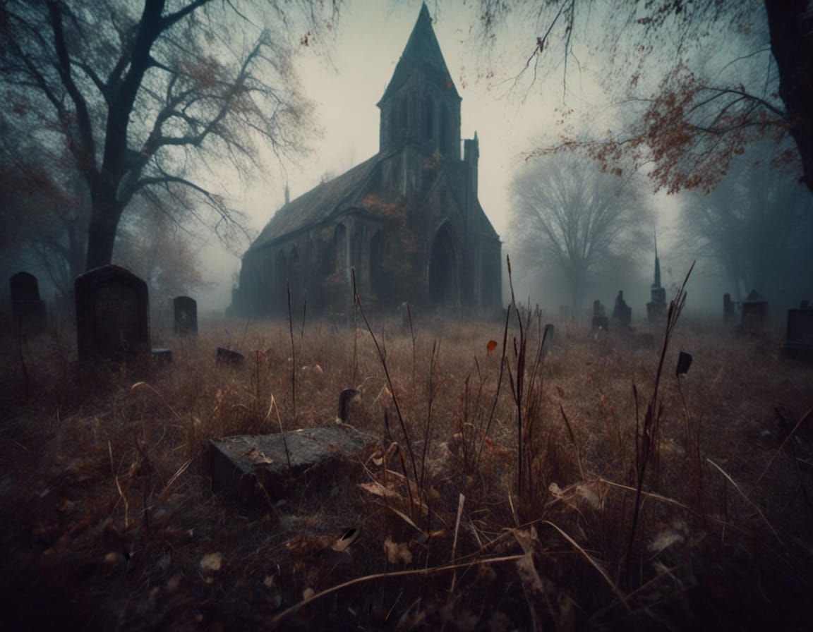 Abandoned Gothic Church Graveyard at Night