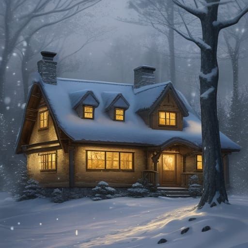 Whimsical Fantasy Cottage in Snowy Forest