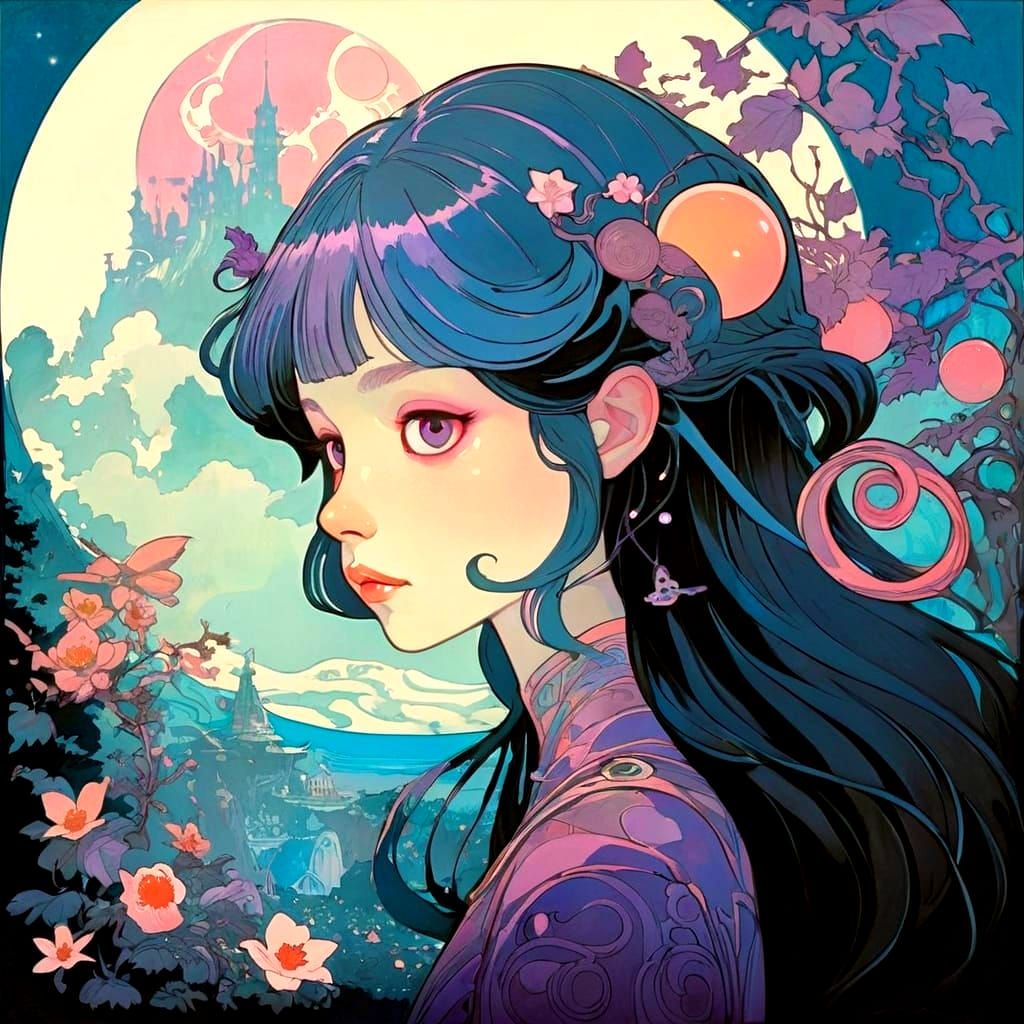 Dreamy Celestial Landscape with Whimsical Figures