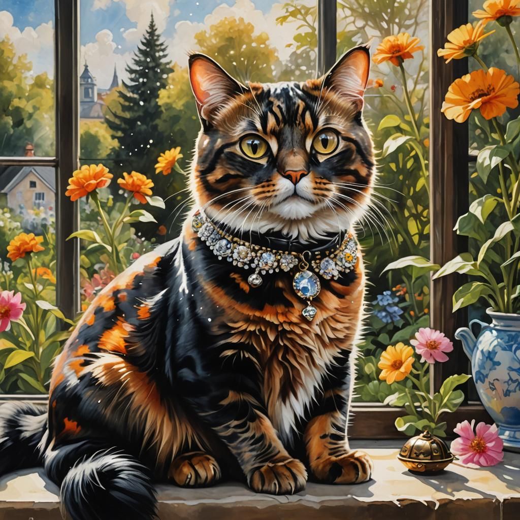 Tortoiseshell Cat on Windowsill in Hyperrealistic Style