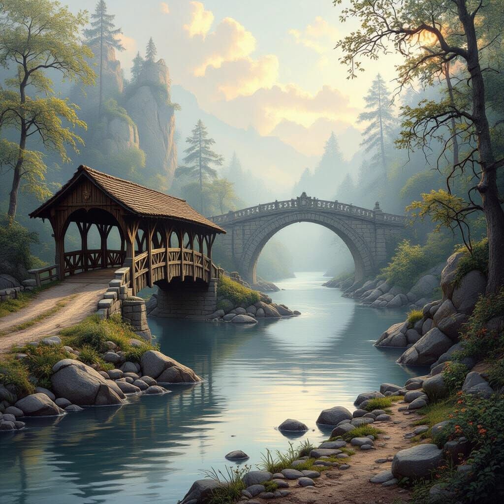 Enchanting River Scene with Bridges in Luminous Style