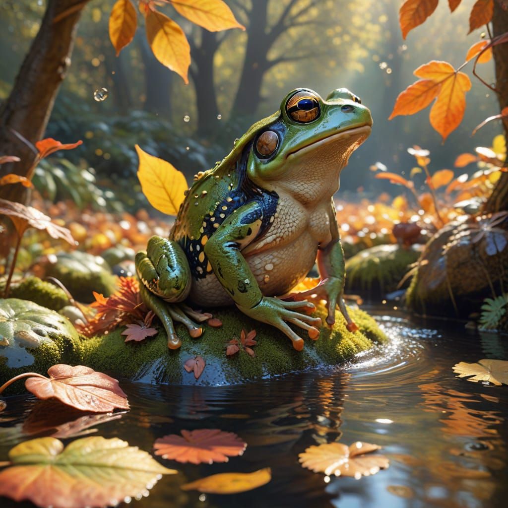 Whimsical Frogs in Autumn Leaves, Golden Hour