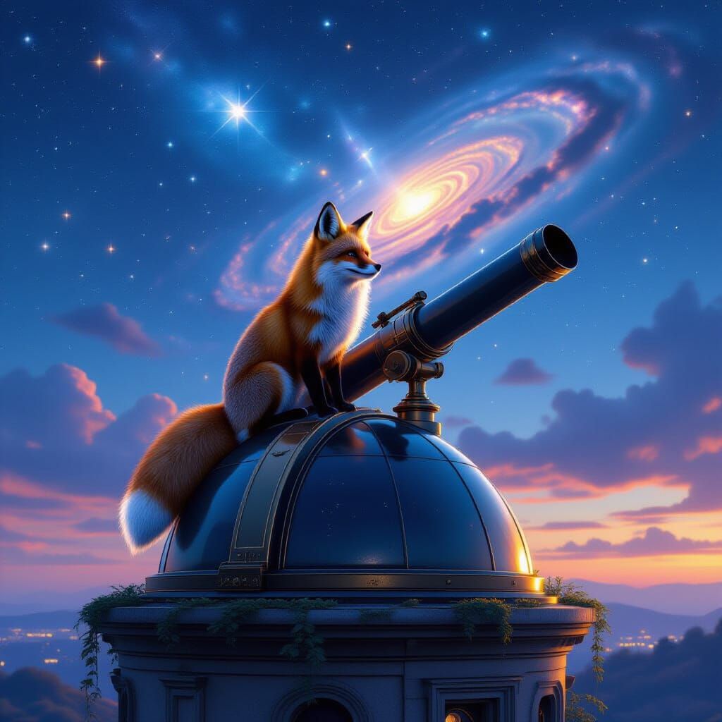 Moonlit Fox on Observatory Dome Amidst Cosmic Sky