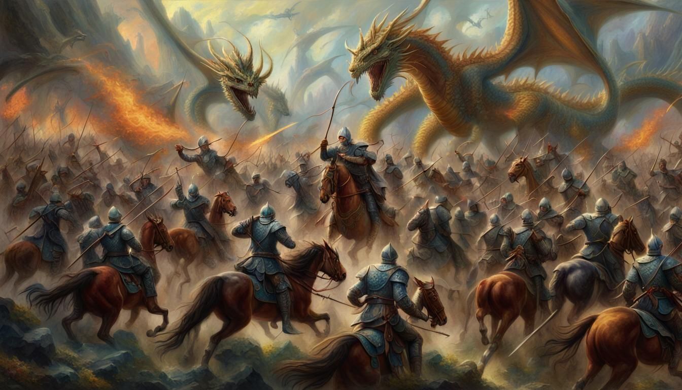 Epic Fantasy Battle with Dragons in Abstract Style