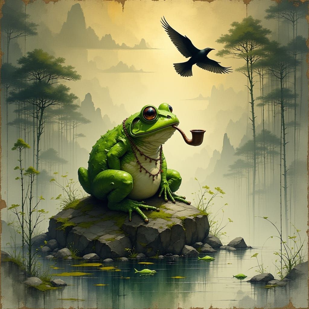 Wise Toad Meditates by Pond in Sumi-e Style