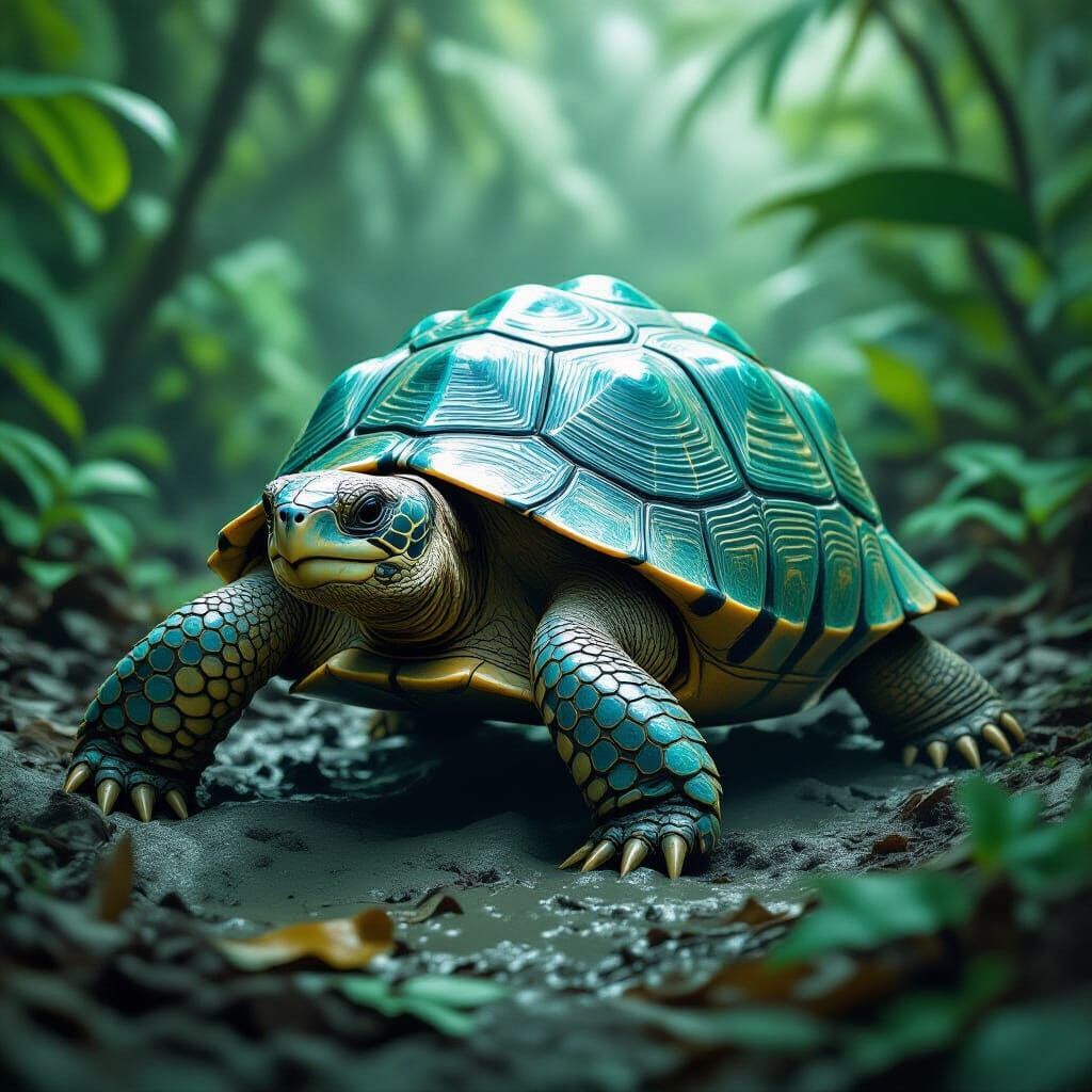 Gigantic Turquoise Tortoise Emerges in Jungle