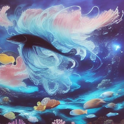 Underwater Scene with Jellyfish, Whales, and Diver