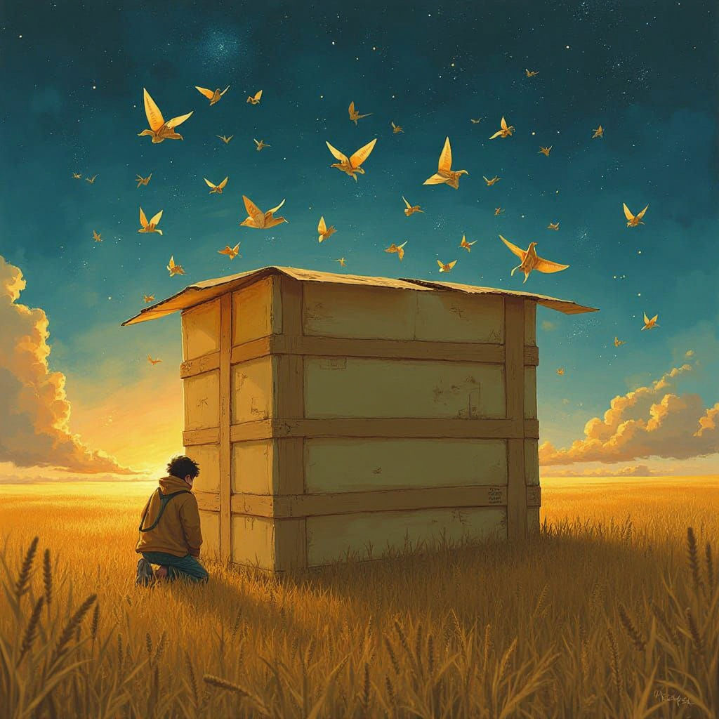 Cardboard Box Emitting Light in Wheat Field, Dreamlike Paint...