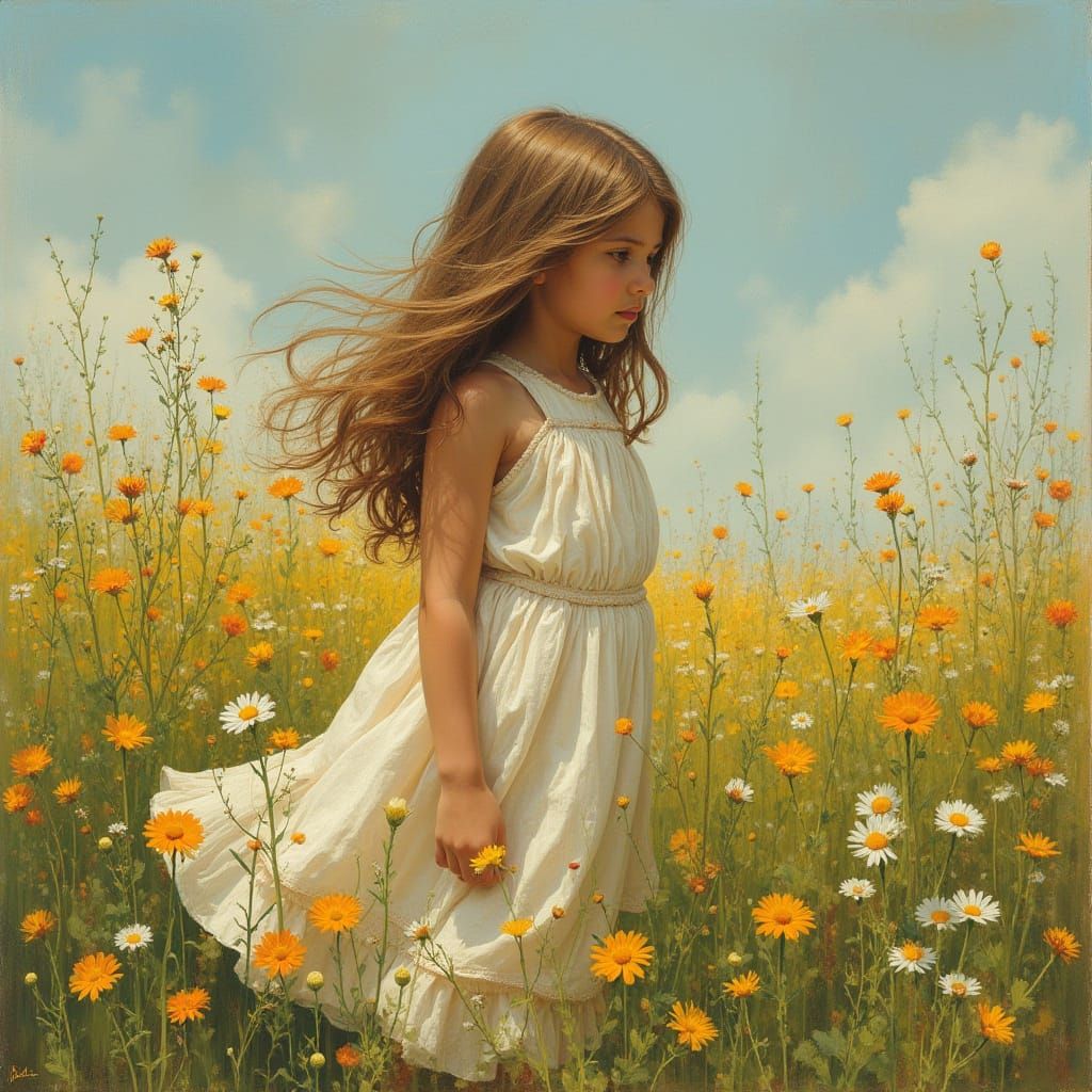 Girl in Wildflower Field: Realistic Summer Scene