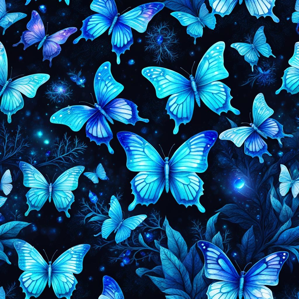 Blue Crystal Butterflies in Enchanted Forest