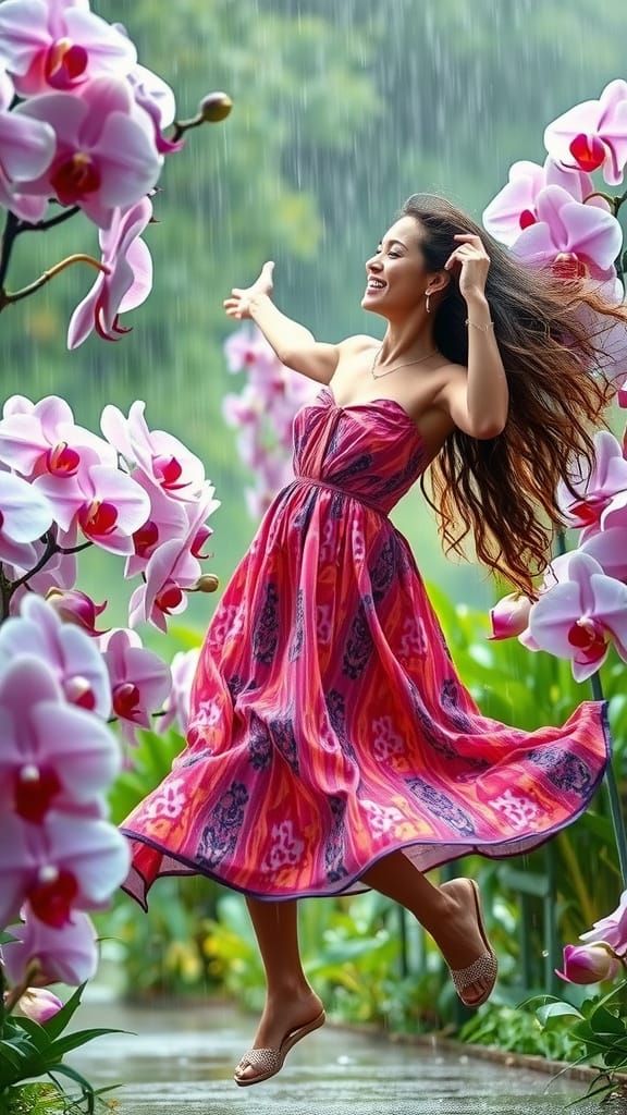 Radiant Woman Dancing in a Lavender-Hued Garden