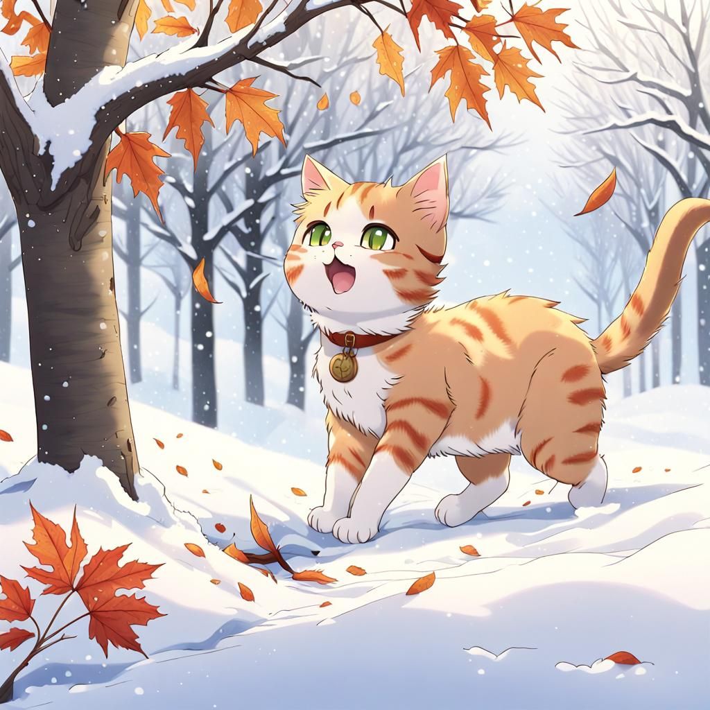 Cat in Snow: Anime-Style Manga Art