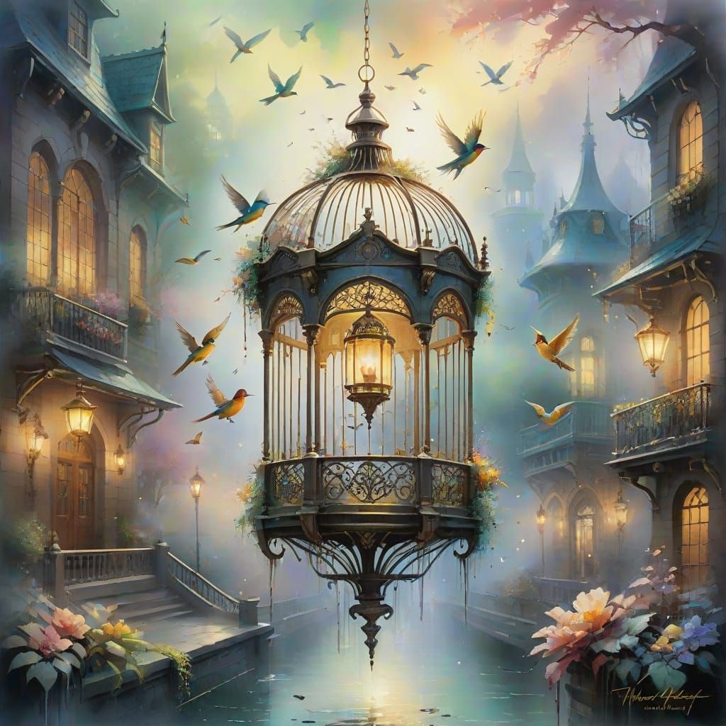 Golden Birdcage With Escaping Birds in Ethereal Watercolor S...