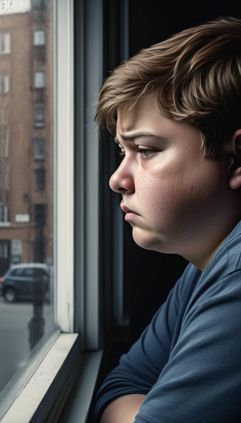 Melancholic Boy Stares Out Window: Realistic Portrait